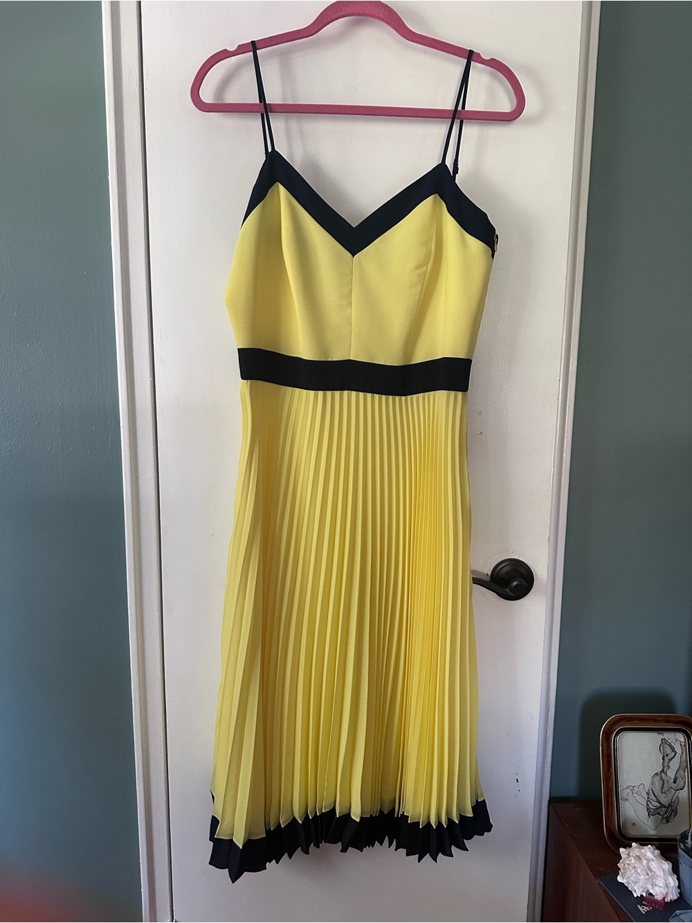 Milly Yellow Pleated Midi Dress with Navy Accents